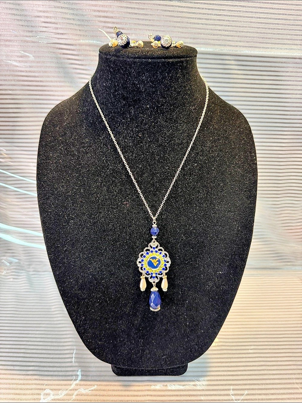 West Virginia University Blue & Gold Pendant Necklace and Earrings Like New